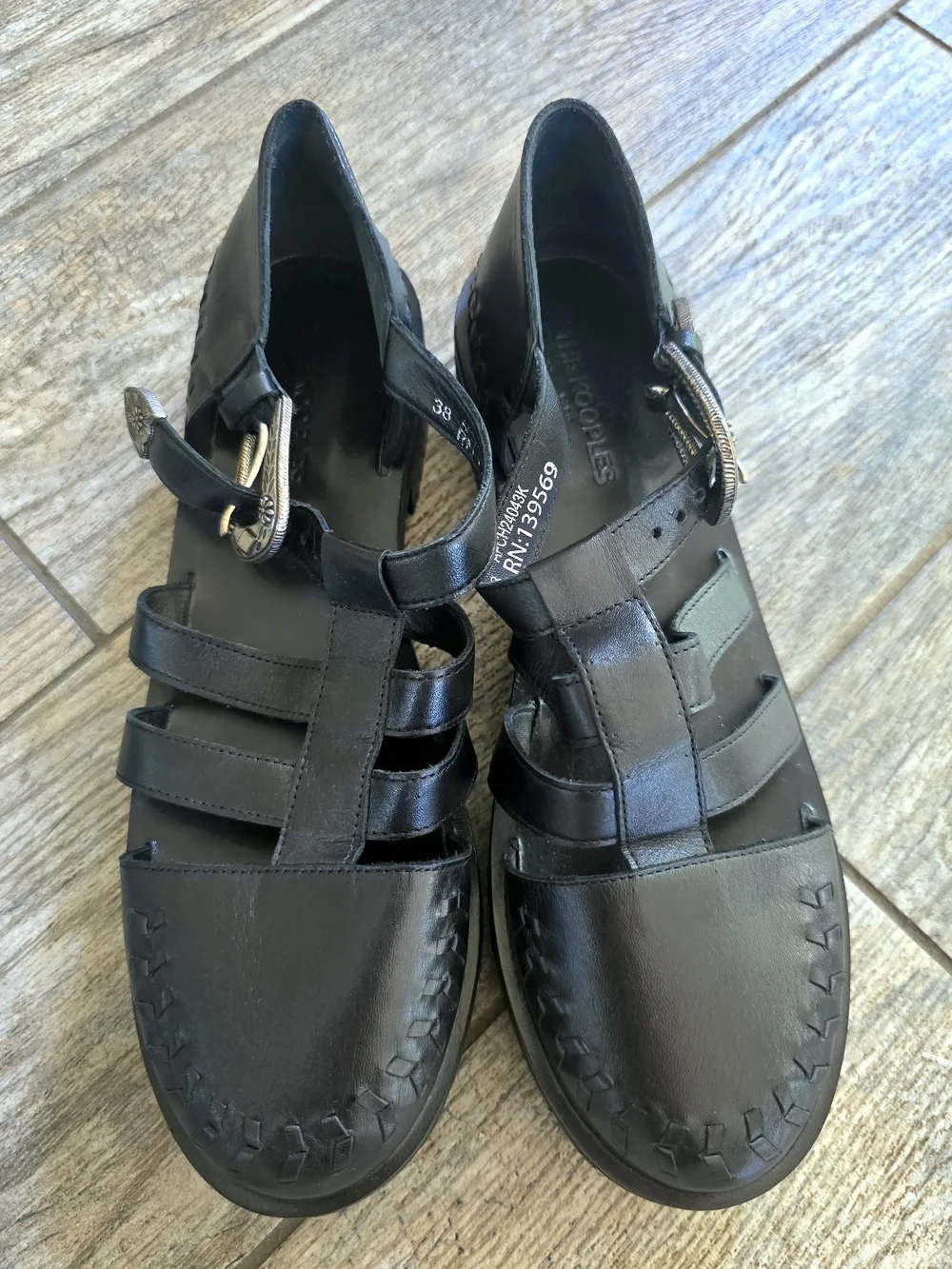 The Kooples Paris Black Leather Strappy Buckle Fisherman Sandals Women's EU 38 8